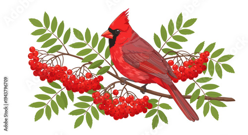 Vibrant Male Cardinal Bird Perched on Rowan Tree Branch with Red Berries