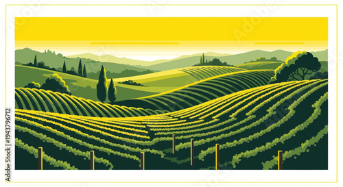 Tuscan Vineyard Landscape with Rolling Hills and Golden Sunlight