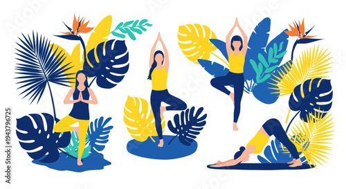 Woman Practicing Yoga Poses Amidst Tropical Leaves and Flowers