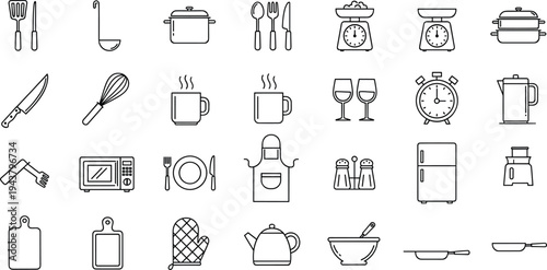Kitchen Cooking Line Icons Set with Utensils Pot Knife Scale Refrigerator and Food Preparation Equipment Vector Collection