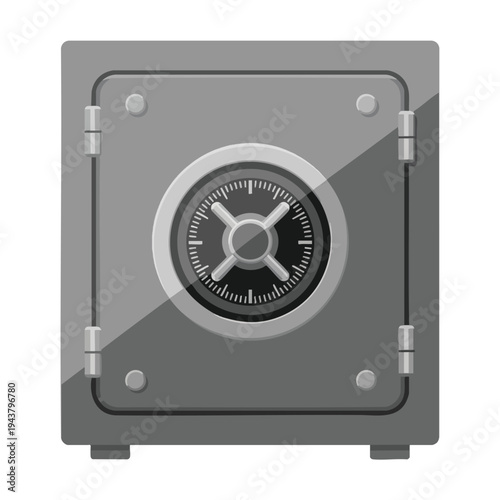A grey, rectangular safe with a circular combination lock and dial