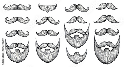 Collection of Hand-Drawn Mustache and Beard Styles
