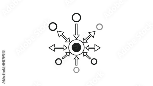 Central hub with radiating arrows indicating distribution and inward arrows representing collection in a network or system.