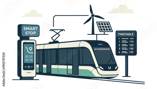 Autonomous electric tram with smart stop and solar panel on top