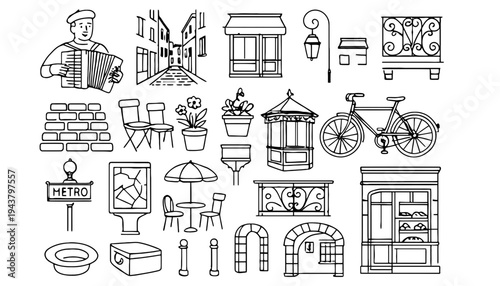 A set of Paris street scene vector illustrations and icons