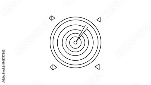 Radar screen with concentric circles and a sweeping line, symbolizing scanning, detection, target identification, and security.