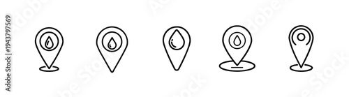Water location and fuel pin outline icon set with drop map pointer, liquid resource navigation, oil destination marker, aqua station address more vector illustration or editable stroke.