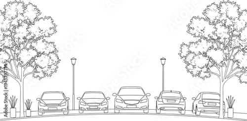 Urban street parking line art illustration with cars, trees, and street lamps, clean cityscape outline design for transportation and planning concepts