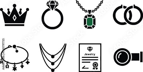 Jewelry icon set including crown, ring, necklace, and bracelet vector graphics