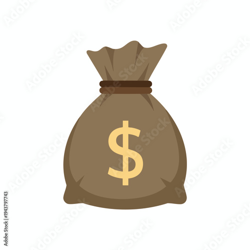 A simple, flat, brown sack tied with a string, featuring a prominent yellow dollar sign