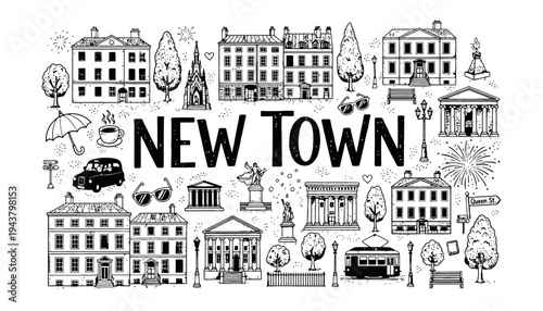 New town illustration with various buildings and objects in black and white
