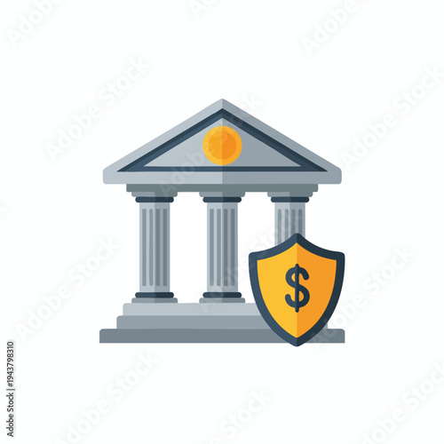 Classic bank building with columns, steps, and a shield with dollar sign