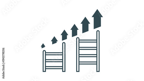 Ascending ladders of varying heights with upward arrows, symbolizing career progression, scaled growth, and continuous improvement.