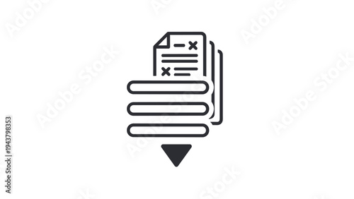Stack of documents with negative marks being filtered downwards, symbolizing data cleaning, document rejection, and information sorting.