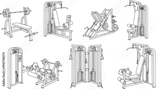 Gym fitness equipment line art set featuring weight machines and benches, detailed technical illustrations for workout training, bodybuilding, and exercise design concepts