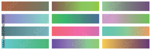 Set of 12 modern vibrant gradient color swatches vector collection for graphic design, web backgrounds, UI elements, and creative projects