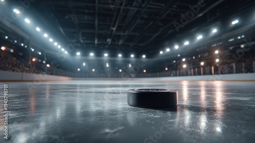 Hockey puck on ice rink under bright lights sport competition