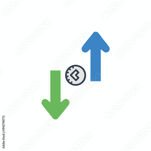 Green down arrow, blue up arrow, and circular icon with clock hands