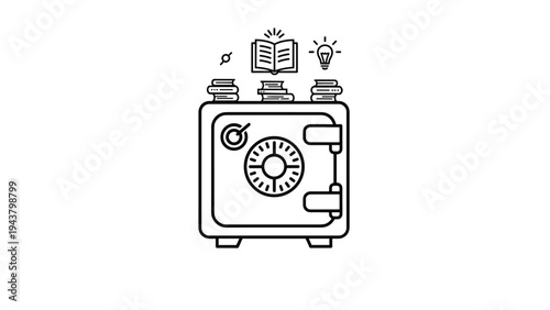Safe with books and a lightbulb on top, symbolizing secure knowledge, intellectual property protection, and valuable ideas.