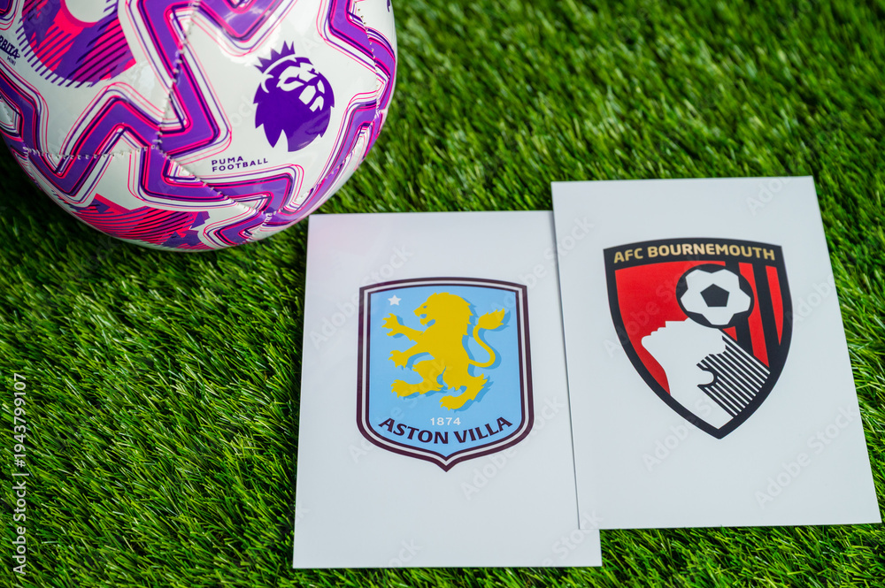 Fototapeta premium Aston Villa vs. AFC Bournemouth Premier League football game, official match ball on lush green pitch, wallpaper with copy space.
