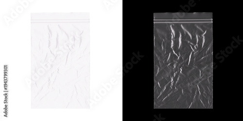 Empty transparent resealable plastic bag with zipper closure isolated on white and black backgrounds showing crinkled texture and clear