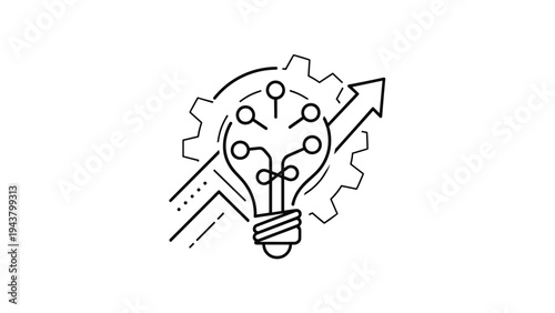 Innovative lightbulb with circuit lines, gears, and an upward arrow, representing technological advancement and smart growth solutions.