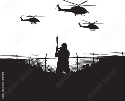 Silhouette of a person holding a baseball bat with helicopters in the background