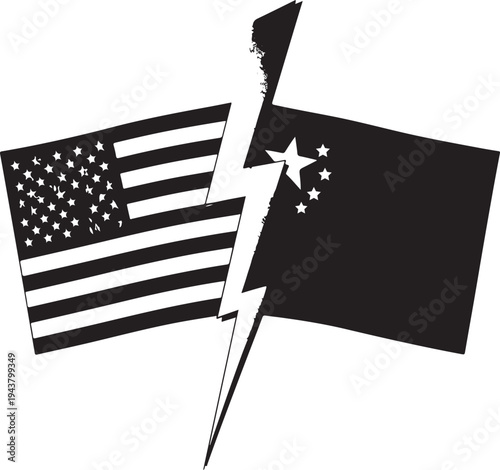 Two flags intersecting with a lightning bolt symbolizing conflict and division