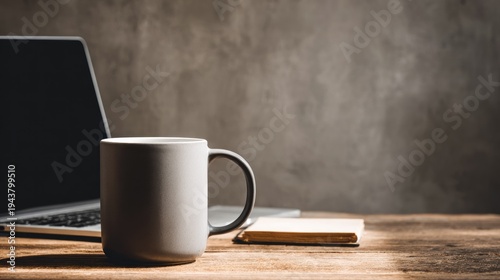 Coffee mug near laptop on wooden desk against textured background