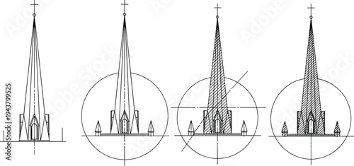 Gothic church spire architectural drawings with elevation and section views, technical line art illustration for religious architecture and historic design studies