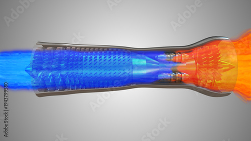 Jet Turbine Engine Cutaway Showing Airflow Combustion and Thrust Visualization
