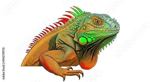 Green Iguana Reptile Portrait, Vibrant Colors, Detailed Scales, White Background