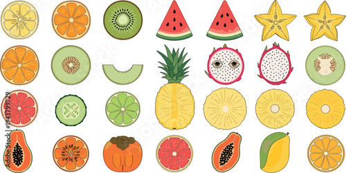 Colorful Tropical Fruit Slice Vector Set with Orange, Kiwi, Watermelon, Pineapple, Dragon Fruit, Citrus and Exotic Fresh Food Illustrations Isolated on Background
