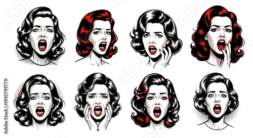 Retro Woman Expressions Set: Shock, Surprise, Fear, and Scream