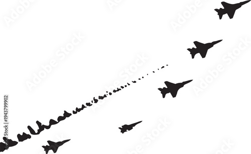 Silhouettes of jet fighters flying in formation against a white background
