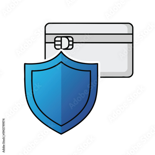 A blue shield with a credit card behind it, representing security