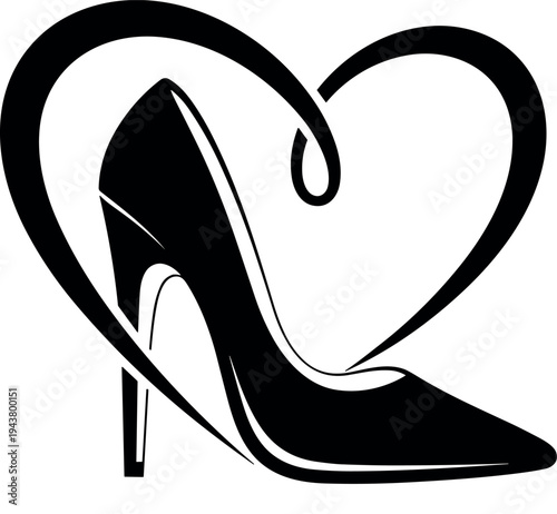 Elegant High Heel Shoe with Heart Shape Outline Logo Design for Fashion, Beauty, Valentine, and Luxury Branding Projects