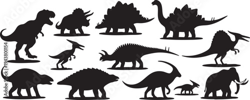 Black silhouettes of various dinosaurs on white background prehistoric