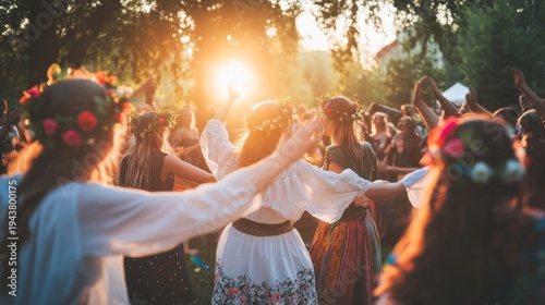 Group of women celebrating summer solstice outdoors dancing in circle. Flowy clothes and flower crowns under setting sun in meadow with bonfire glow.