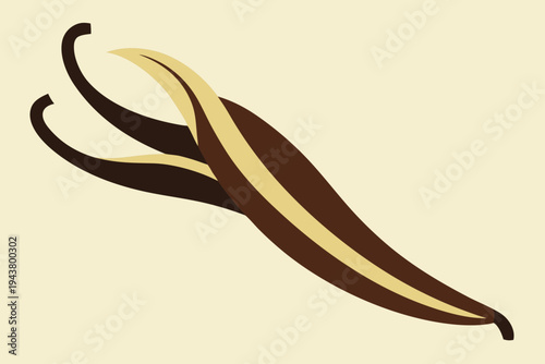 Two stylized vanilla bean pods with brown and yellow stripes