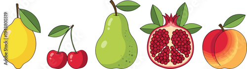 Fresh Fruit Vector Illustration Set Featuring Lemon Cherry Pear Pomegranate and Peach with Leaves Isolated on White Background