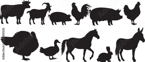 Black silhouettes of various farm animals on white background 1