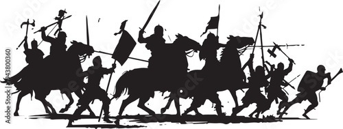 Medieval knights and soldiers engaged in a fierce battle on horseback