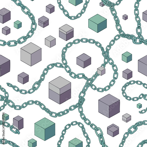 Intertwined metallic chains and isometric cubes create a modern, abstract pattern