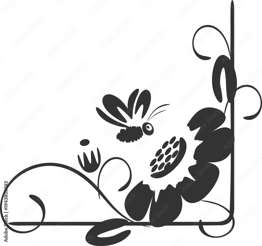 Obraz premium Vector black floral corner border with bee