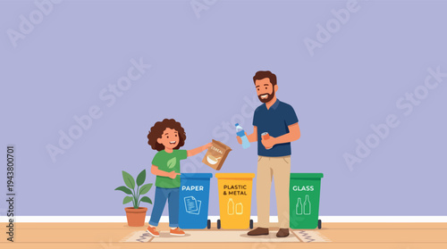 Father and daughter recycling waste together.