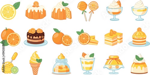 Orange Citrus Dessert Collection with Cakes Ice Cream Pudding Jelly and Fresh Fruit Slices Colorful Hand Drawn Vector Illustration Set