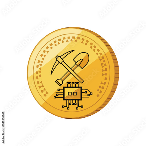 A golden coin featuring a pickaxe, shovel, and circuit board, symbolizing digital currency mining