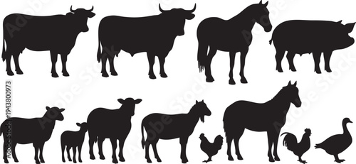 Black silhouettes of various livestock animals on white background farm cattle