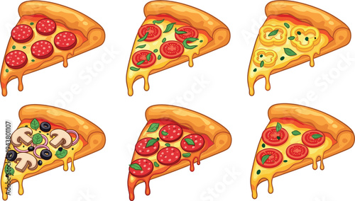 Pizza Slice Variety Vector Illustration Set Featuring Pepperoni Margherita Mushroom Olive and Vegetable Toppings Isolated on White Background